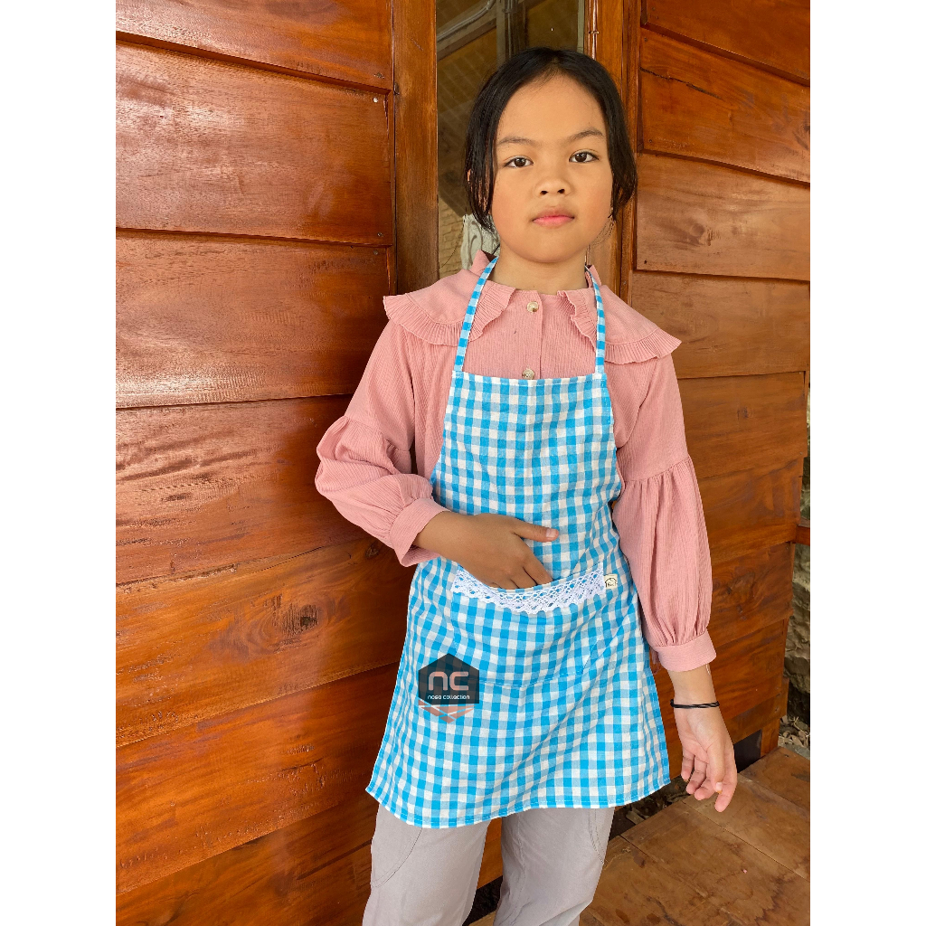 Apron MASAK Anak - Celemek masak anak Apron BIASA Anak saku depan - Apron anak motif gingham estetik