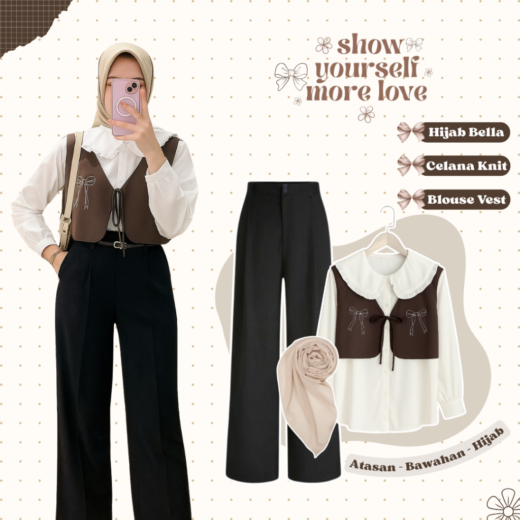 Outfit One Set (Kemeja Wanita Korean Style, Hijab Segi Empat, Celana Kulot) Mahogany Outfit - LN167