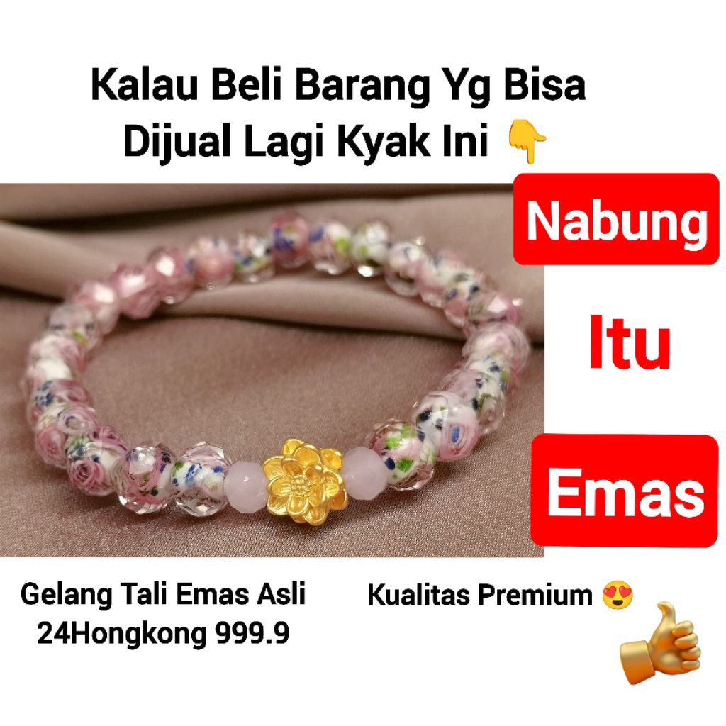 Gelang Emas Asli Teratai 24K Hongkong 999% Karet Batu Bunga