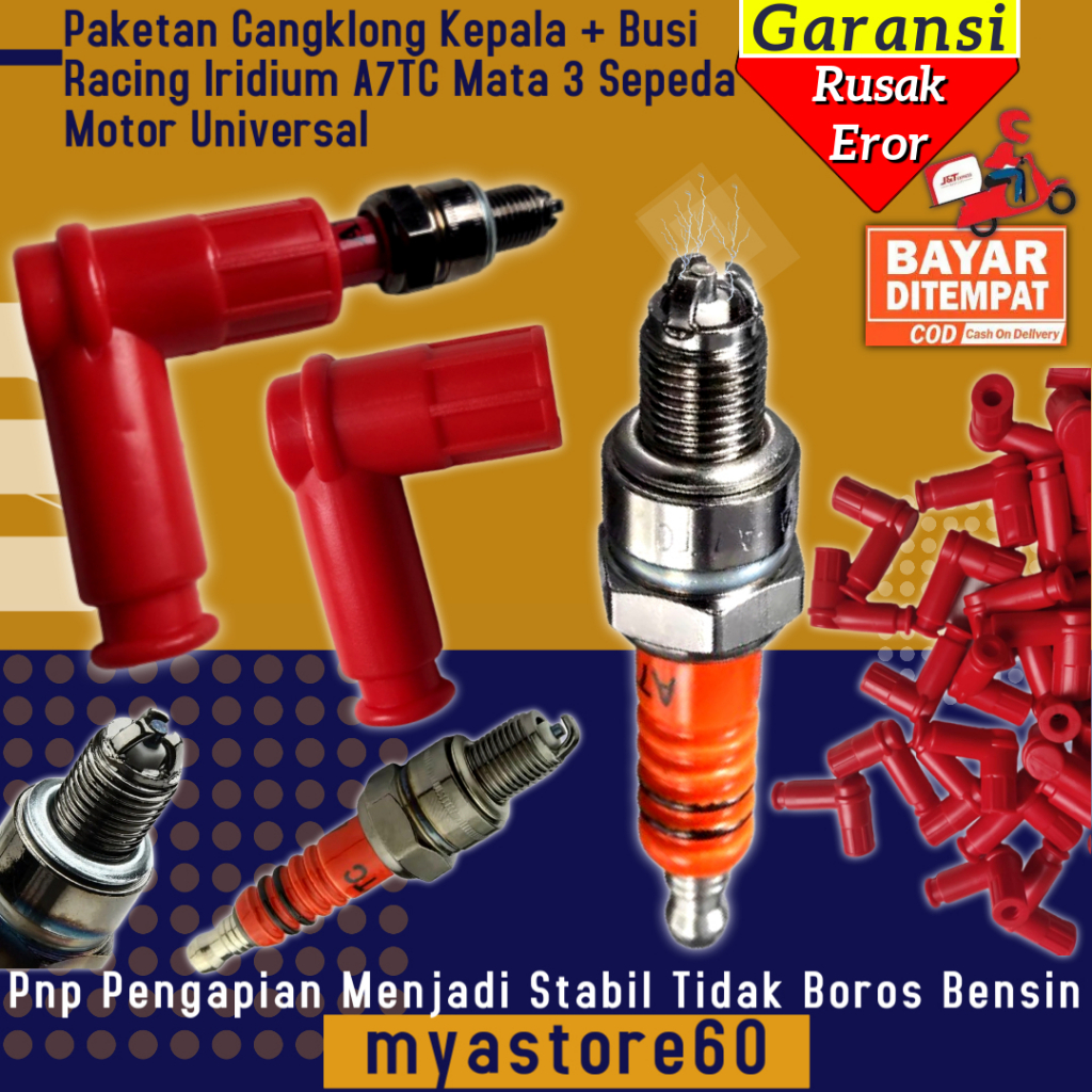 Paketan Cangklong Cop Busi Kepala Busi Tutup Atas Busi + Busi Racing Iridium POWER A7TC Mata 3 Kaki 