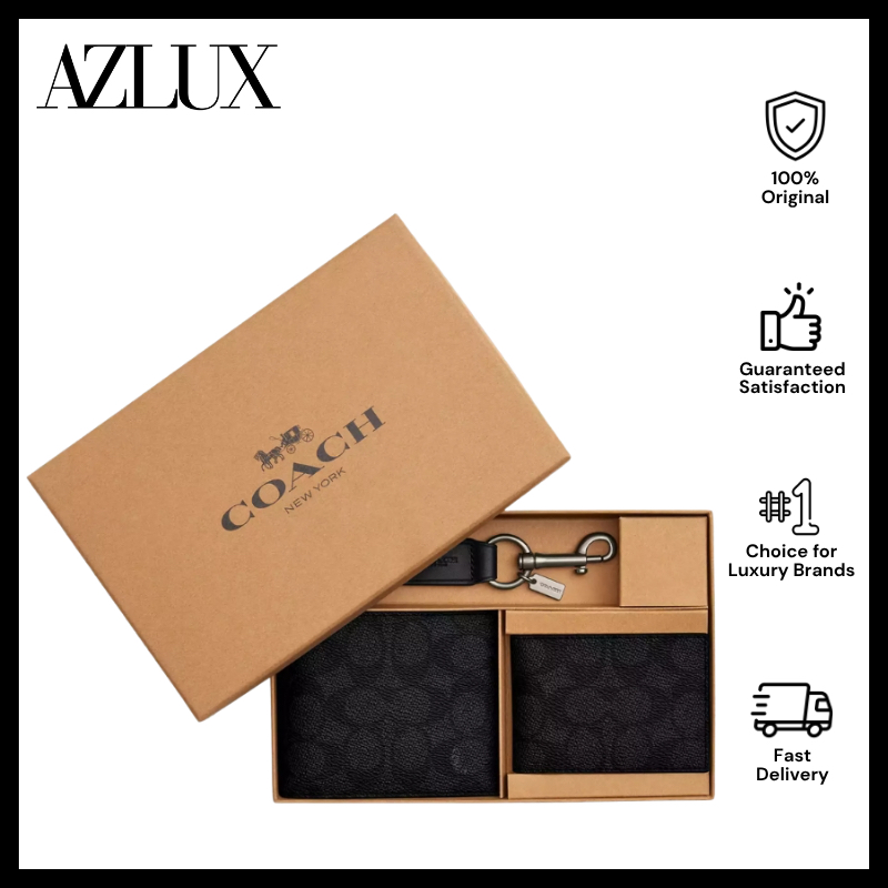 Coach Boxed 3 In 1 Wallet Gift Set In Signature Canvas/Gunmetal/Charcoal/Black