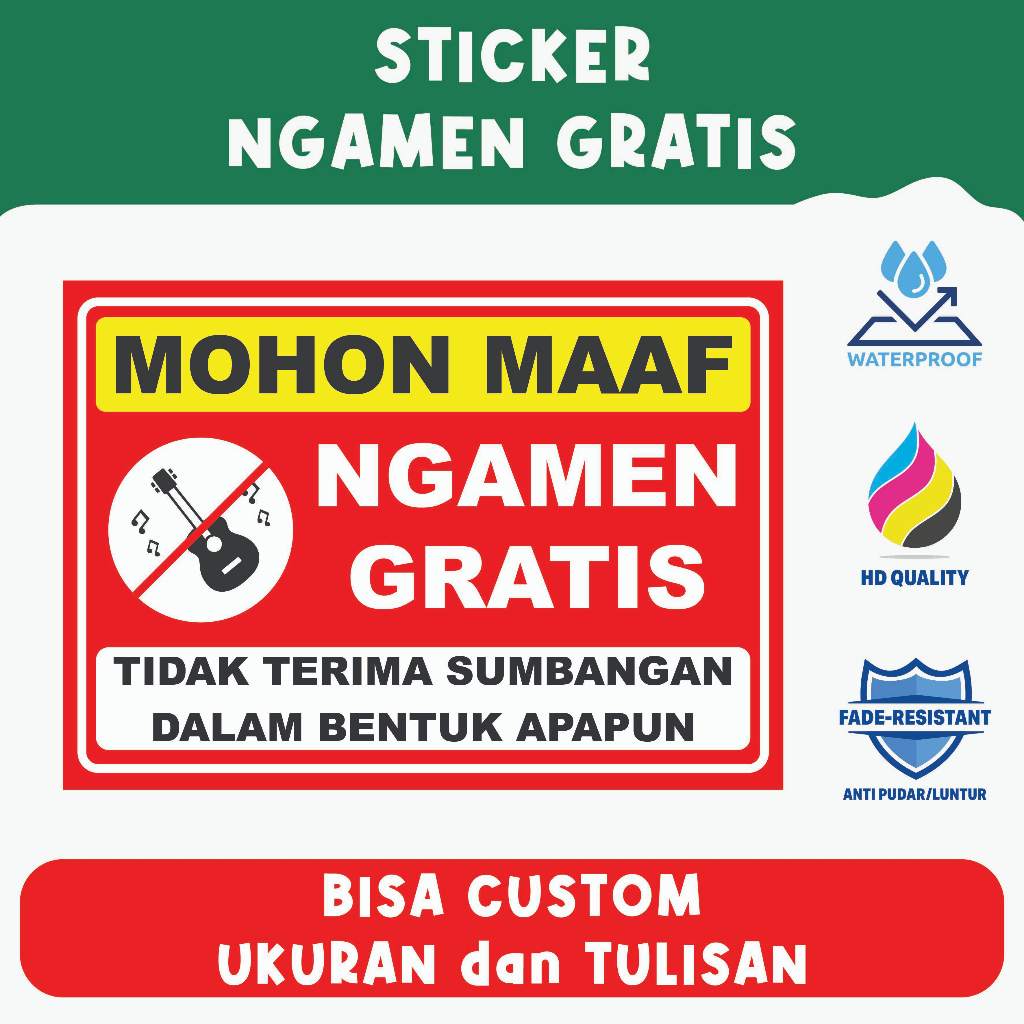 

Sticker Mohon Maaf NGAMEN GRATIS – Penanda Larangan Ngamen, Material Vinyl Berkualitas, Bisa Custom Ukuran