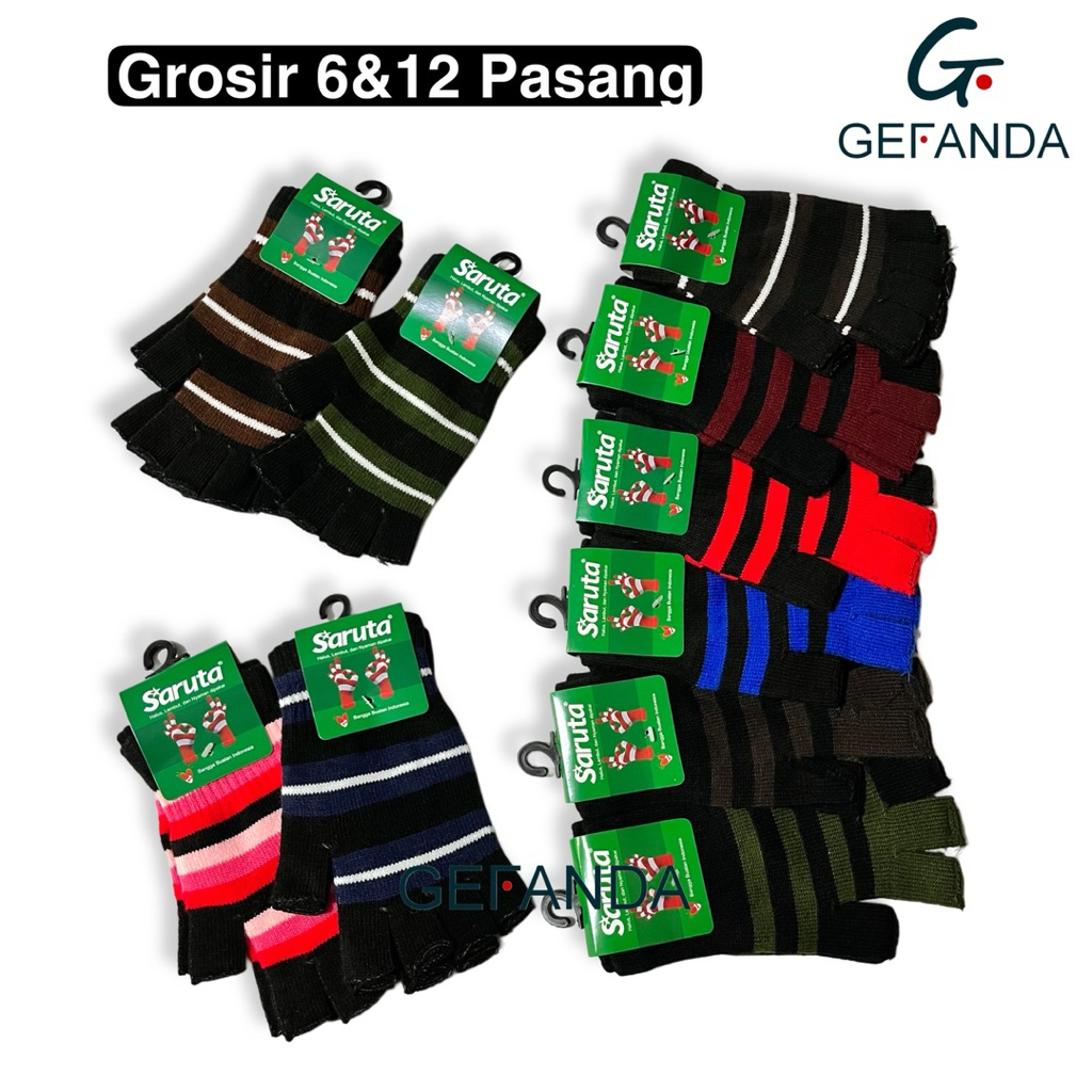 Grosir (6&12 Pasang) Sarung Tangan Rajut Belang Buntung Saruta/Sarung Tangan Rajut Belang Saruta Set