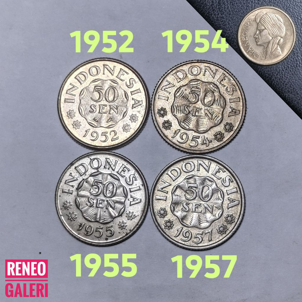 VF cuci Paket lengkap 50 Sen Diponegoro Dipanegara tahun 1952 1954 1955 1957 Uang koin kuno Indonesi