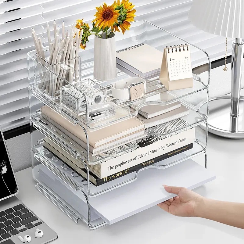 

MEITAITAI Rak Dokumen Transparan File box dokumen Rak buku Desk organizer box File organizer nampan dokumen plastik A4 dapat ditumpuk