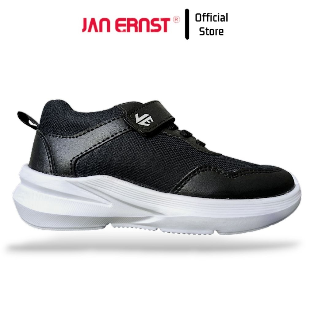JAN ERNST Sepatu Sekolah Anak Tali Velcro Hitam Putih Size 31-35