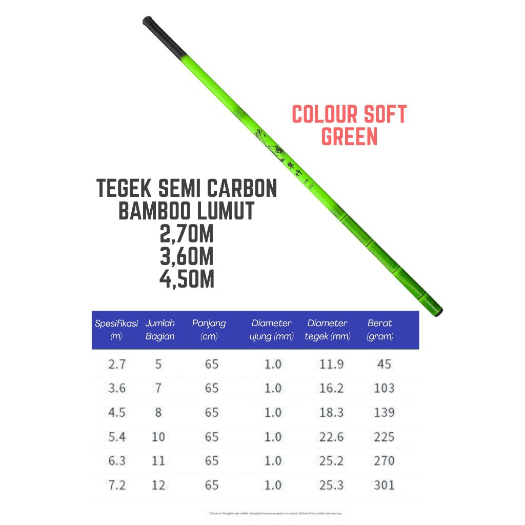 Tegek Semi Carbon, Joran Pancing Ruas Panjang, Tegek Bambu Hijau Lumut 2.7m, 3.6m, 4.5m