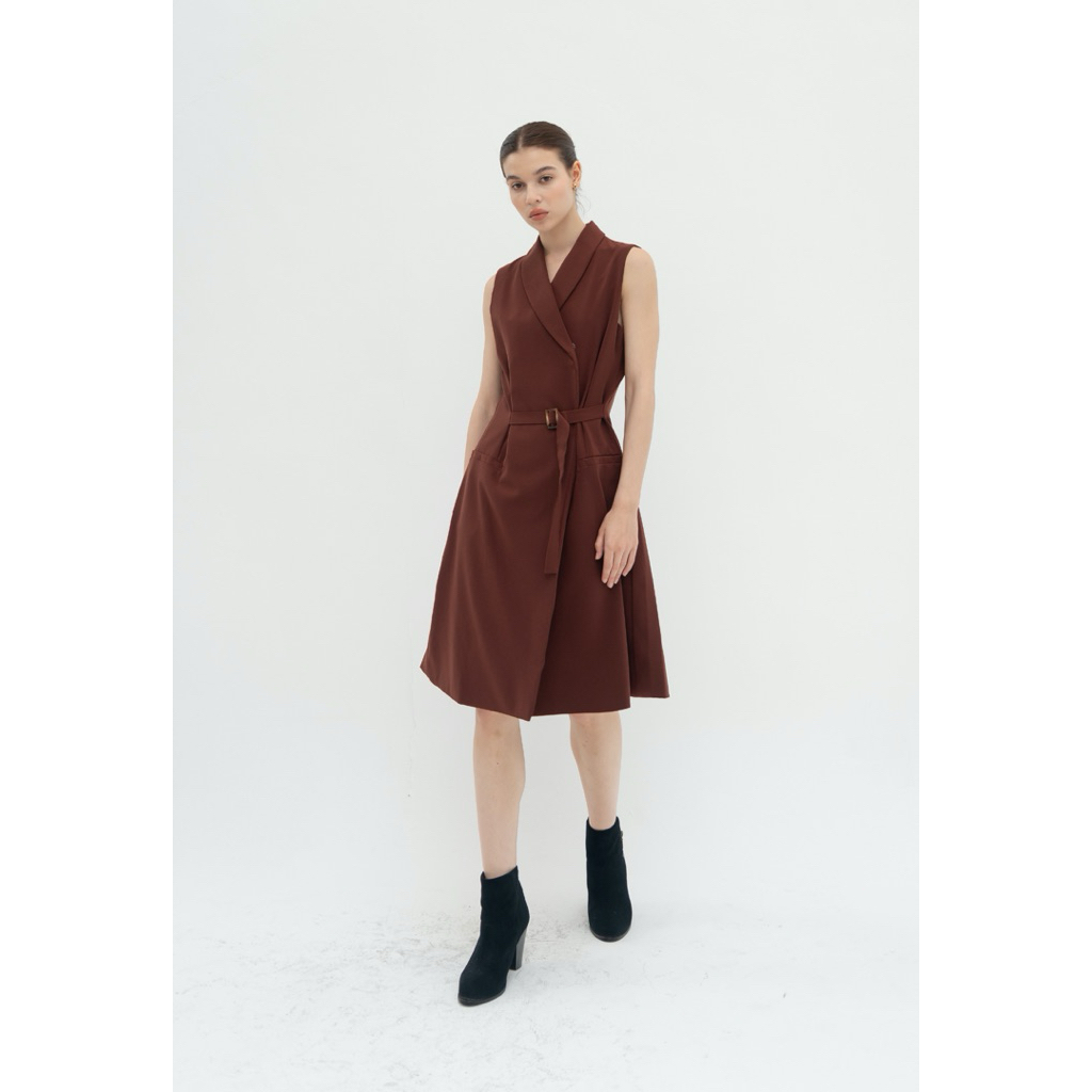 SEDA | EDITH | Vest Dress Tanpa Lengan Semi Wool Coklat Caramel