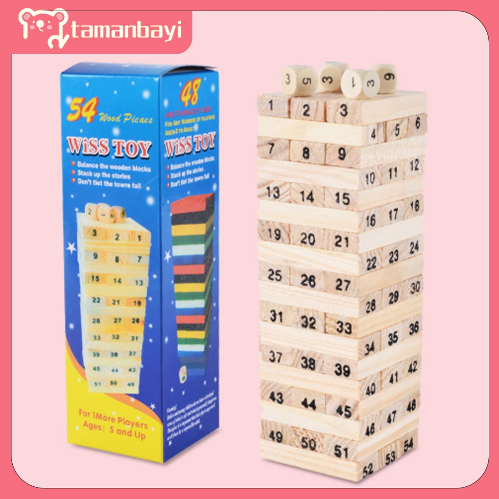 Balok Mainan Kayu Dadu Toy Tower Angka Stacko 54 Board Game Keluarga