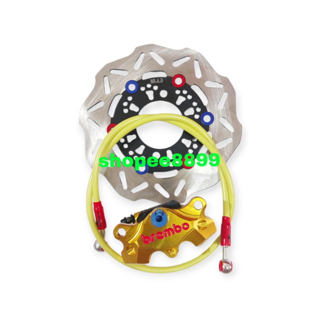 paket 3 in1 kaliper Brembo 2piston kanan + piringan BAD black ukuran standar+ selang Rem depan ukura