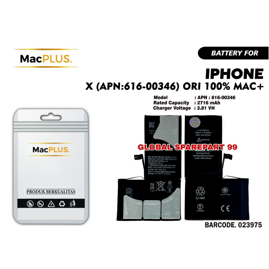 BATERAI (APN:616-00346) IPHONE X / IP X ORI 100% MAC+ BATERAI BATTERY BATRE
