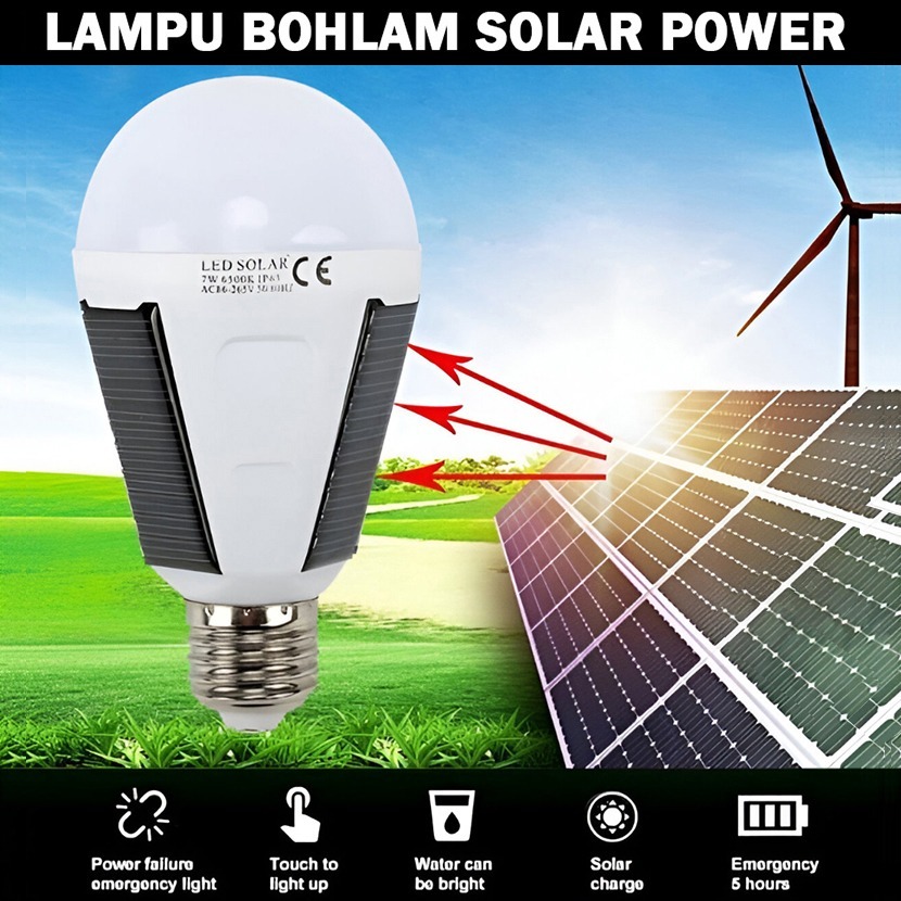 Lampu Bohlam Solar Power E27 Bulb 7W Cool White Waterproof