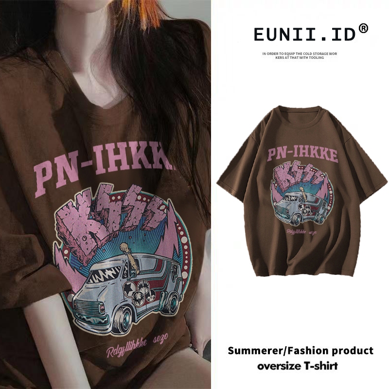 EUNII Kaos lengan pendek cetak vintage wanita Korea| Atasan Fashion Elegan Gaya Modern Korea/Wanita 