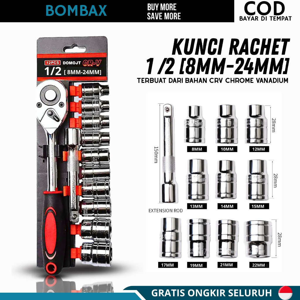 Socket Wrench SET - Ratchet Kunci Pas 12 pcs Kunci Set 1/2inci Socket Sok CR-V Multifungsi