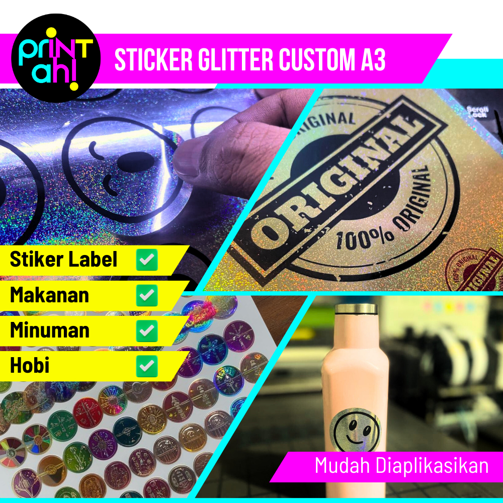 

Print Ah! Cetak Stiker Glitter A3+ |Cetak stiker hologram gliter Print n Cut sudah termasuk kiss cut