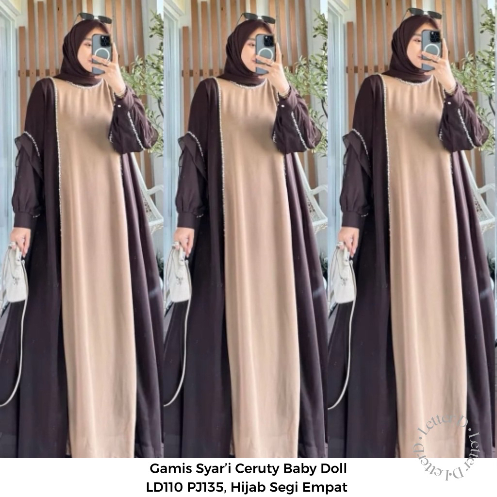 Gamis Syar’i Hijab Segi Empat Ceruty Baby Doll Mix Warna Payet Mutiara Mewah Hijab Segitiga I Ceruty