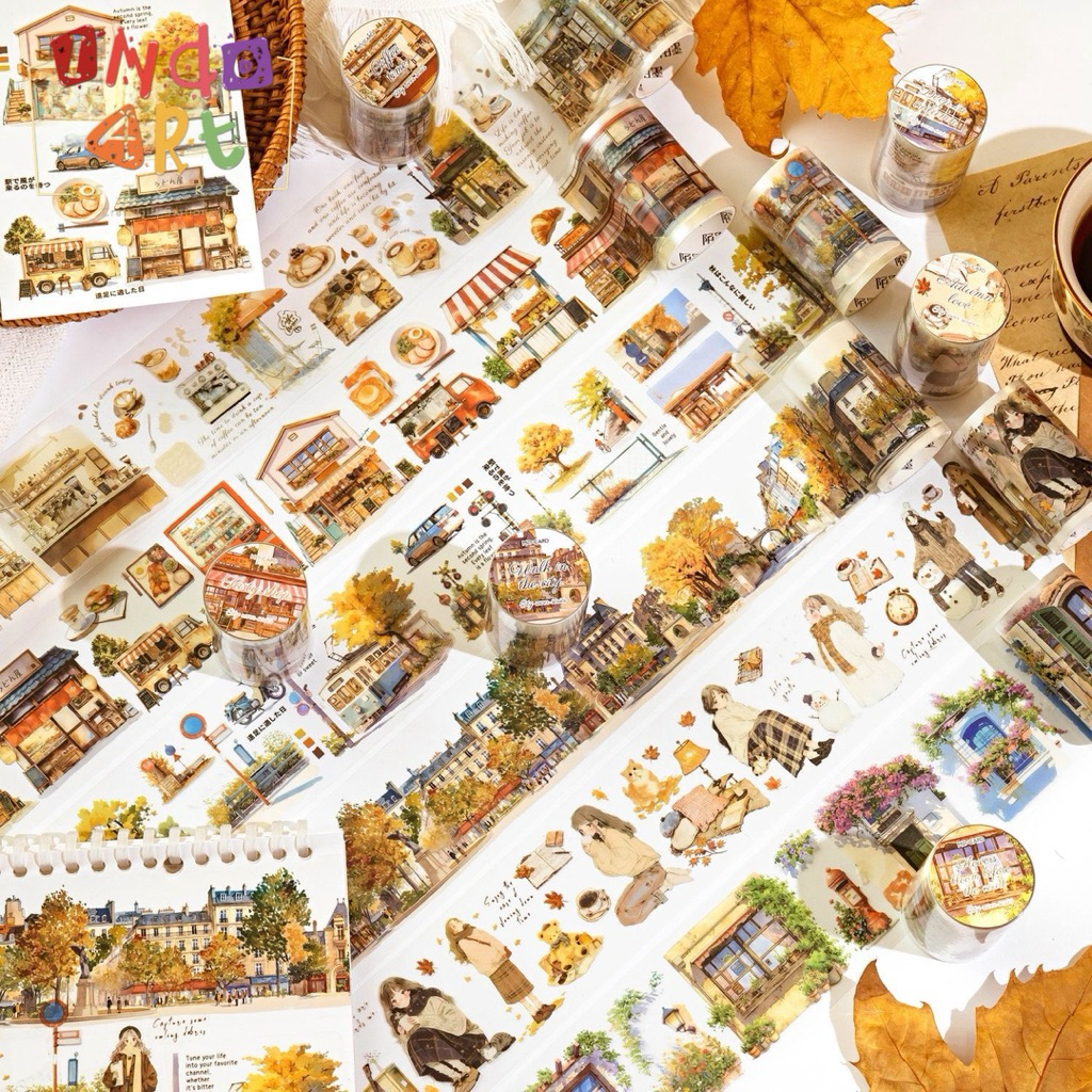 

(IAS) Washi Tape Sticker Roll PET Deco Die Cut Autumn Old Building Coffee Tea Season Aesthetic Retro Dark Black White Fairy PET