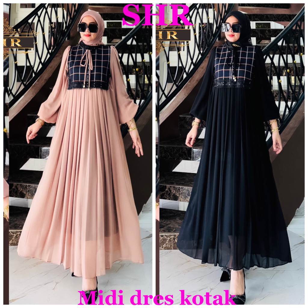 NEW SHR READY MIDI DRESS KOTAK MIX CERUTY FULL PURING  BY SHR 100%