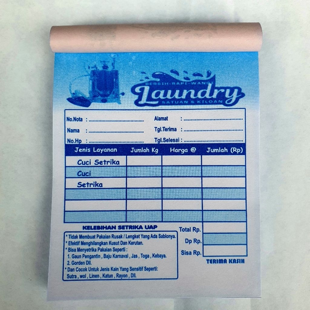 

NOTA LAUNDRY 2 ply / 2 rangkap warna warni MOTIF SETRIKA UAP