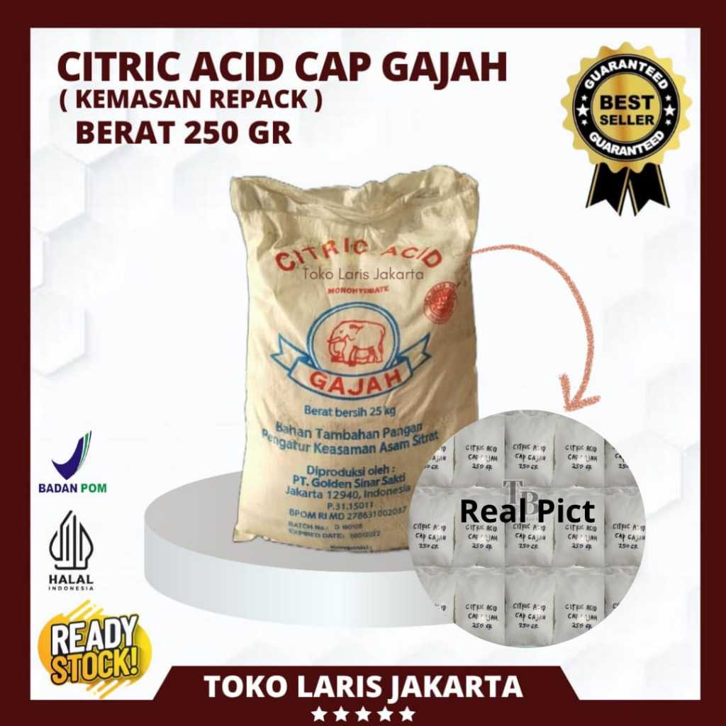 CITRIC ACID | CITRUN CAP GAJAH | SITRUN KEMASAN REPACK 250GR | BIANG SITRUN | PEMBERSIH SERBAGUNA | 