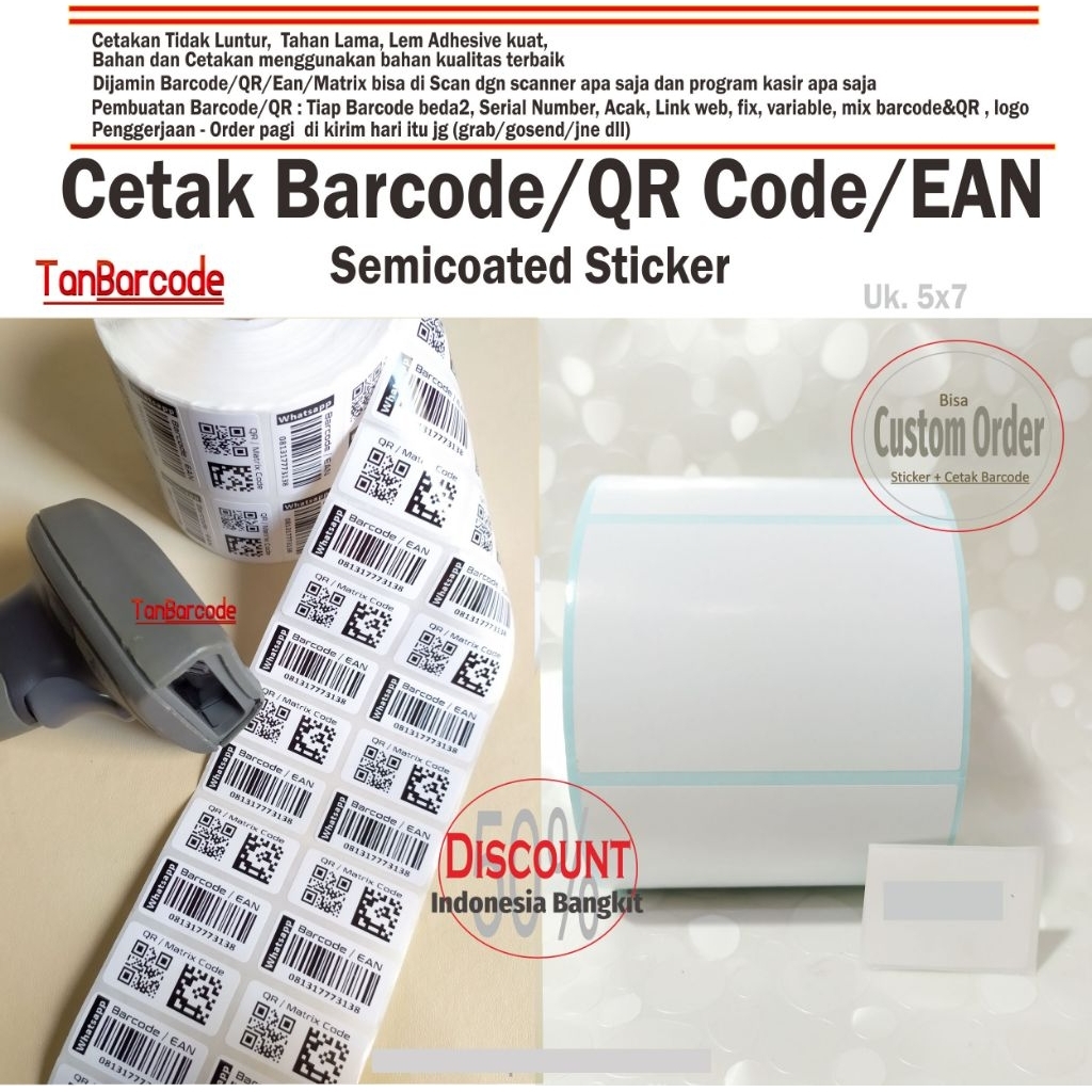 

Cetak sticker Barcode/EAN/QR/MATRIX 5x7cm semicoated