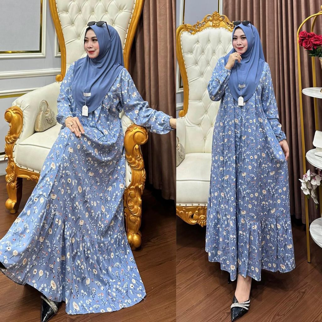 gamis rayon super bahan lembut adem motif bunga2 kecil
