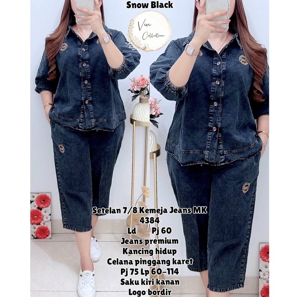 4384 SETELAN 7/8 KEMEJA JEANS BORDIR WANITA|ONE SET LD110