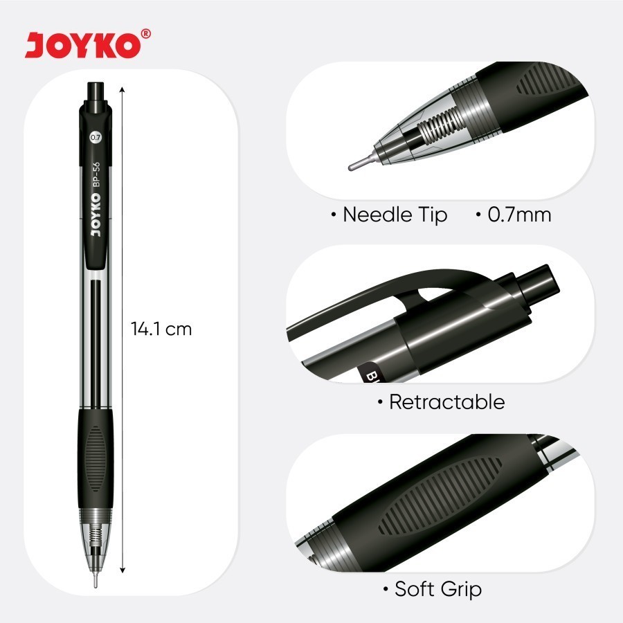 

Pulpen Joyko Cetek BP 56 0.7 mm Warna Hitam biru merah