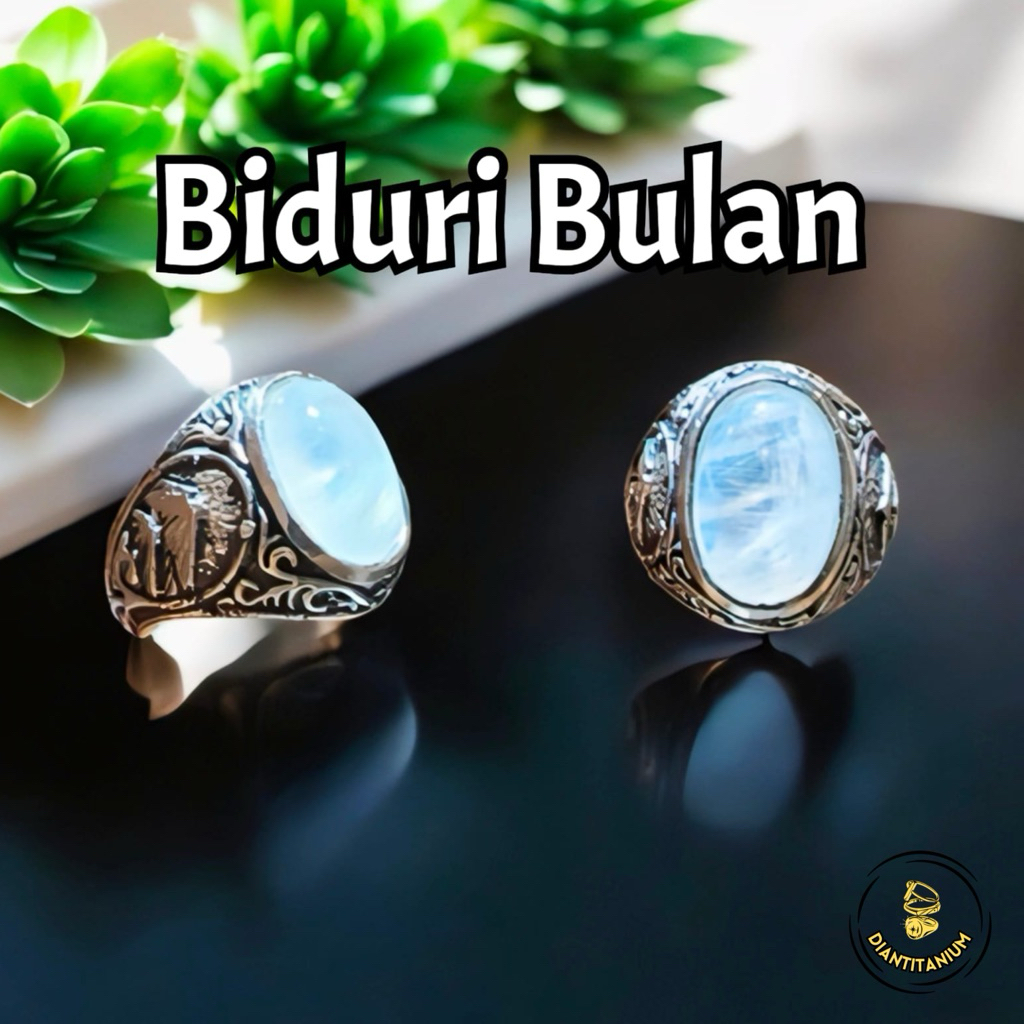 Cincin Batu Biduri Bulan Moonstone Klip Biru Srilanka Sedang