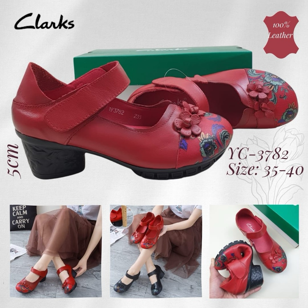 Sepatu Clarks YC-3782 Strap Flower Block Heels 5cm Wanita Cewek