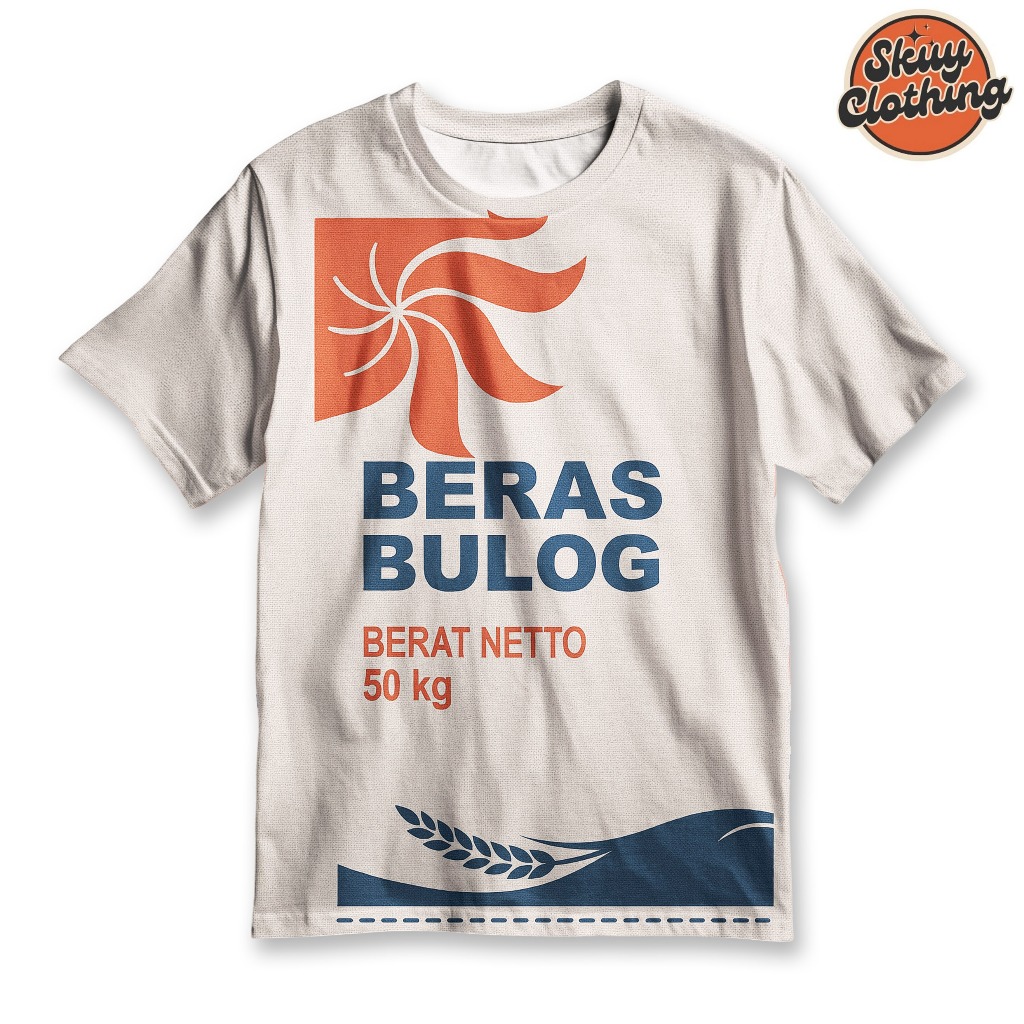 SKUYME Kaos Motif Beras Bulog 50kg – T-Shirt Fullprint Unisex Parodi Lucu Desain Karung Beras Vintag