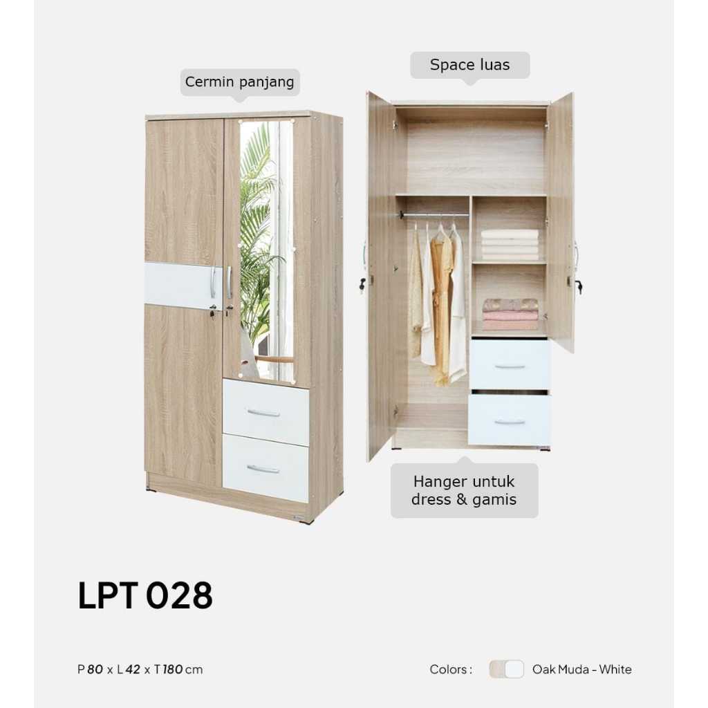 Lemari Kayu 2 Pintu + Cermin/LPT 028/Lemari Pakaian Minimalis