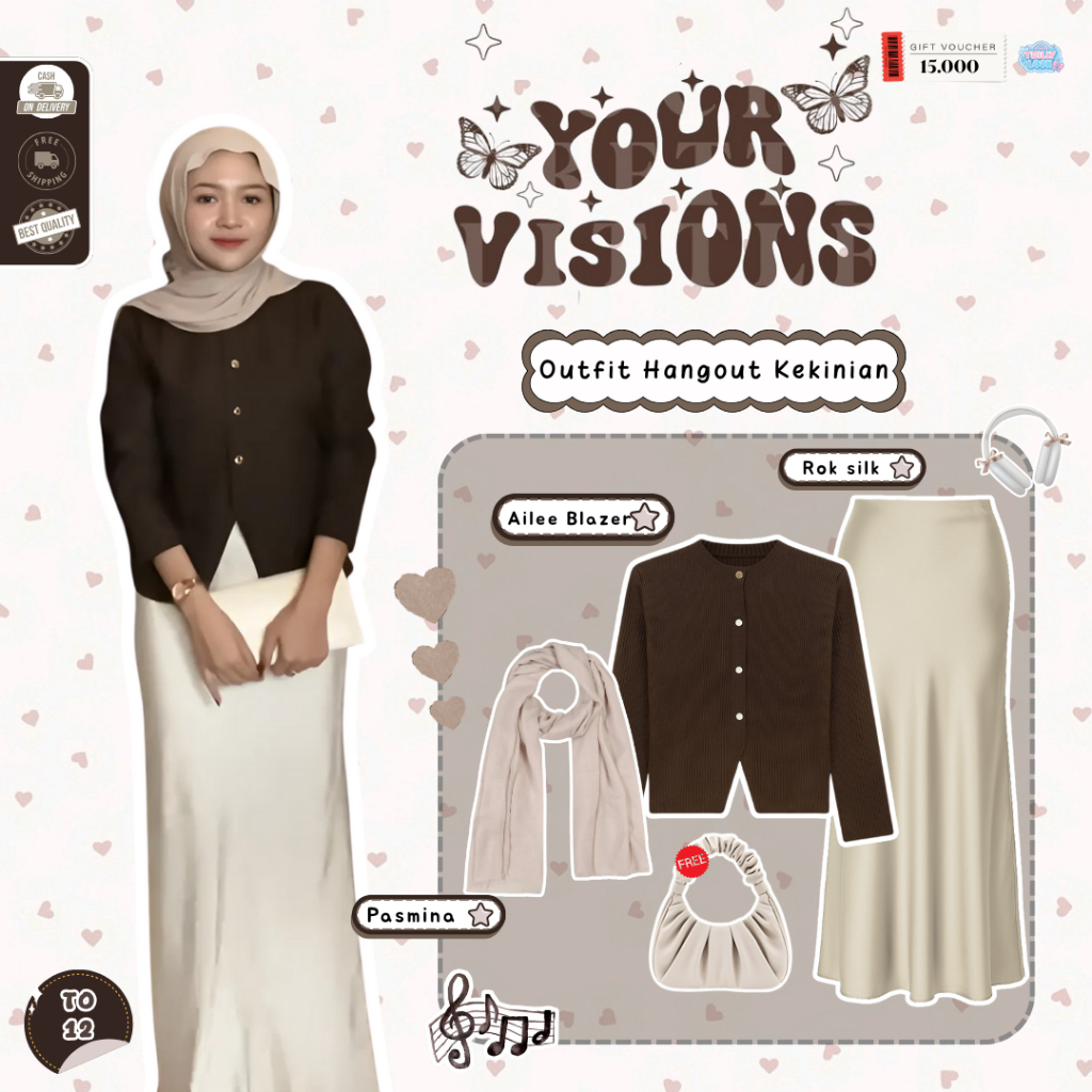TWILLY - Outfit Hijab Satu Set Rok | Pasmina Ceruty Babydoll Beige, Ailee Blazer Coklat Tua, Rok Sat