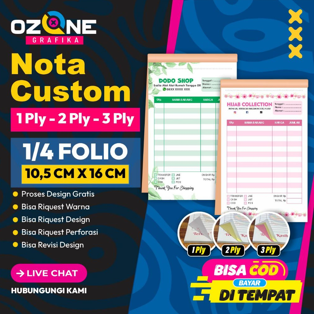 

NOTA CUSTOM MURAH UKURAN 1/4 FREE DESIGN Full Color isi 100 lembar Di Ozone Grafika