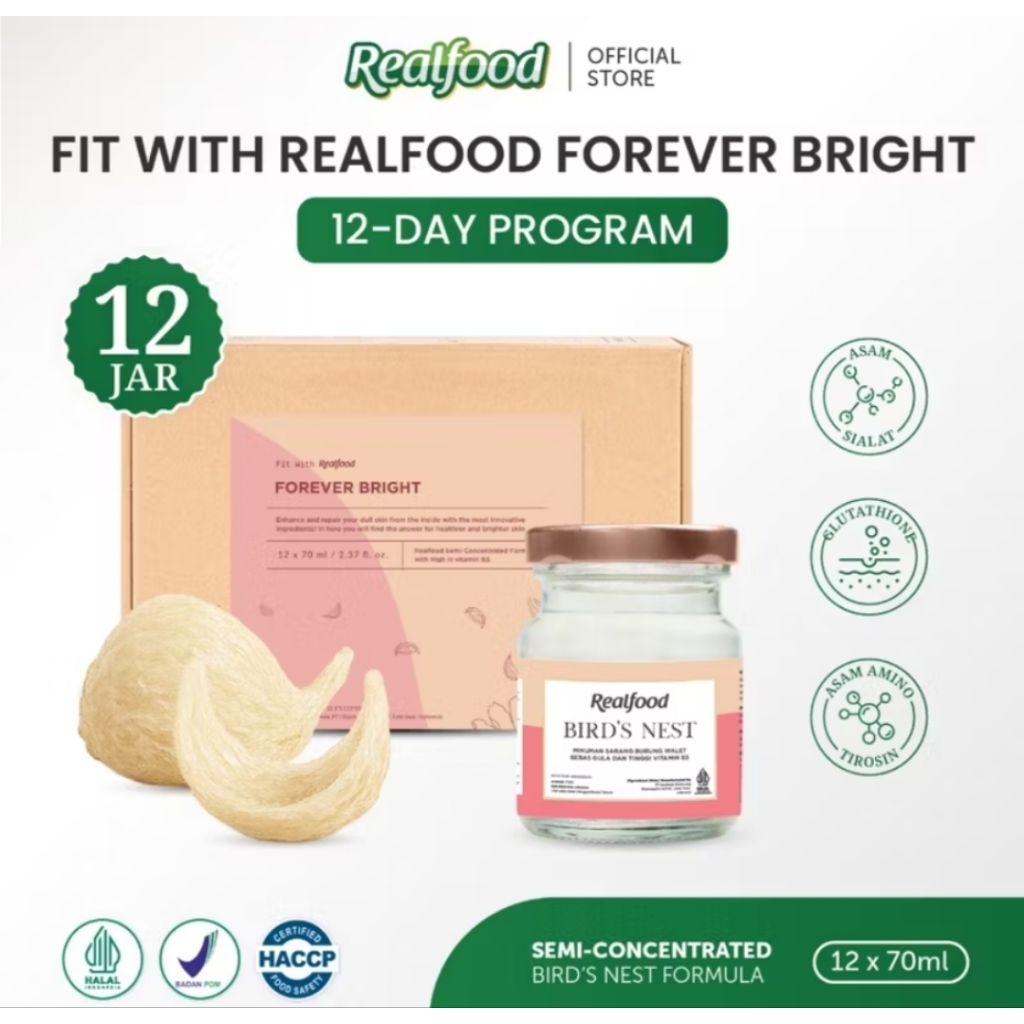 

Realfood Forever Bright Minuman Sarang Burung Walet dengan Vitamin B3 (Niacinamaide) ISI 12 Botol Kaca