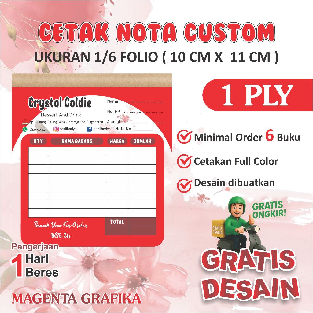 

Cetak Nota Custom Ukuran 1/6 Folio 1 Ply Bisa Pakai Logo Nama Toko sendiri sendiri Gratis Desain