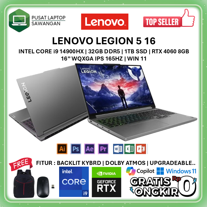 Laptop Gaming Lenovo Legion 5i 16 RTX 4060 Intel Core i9 14900HX RAM 64GB SSD 2TB Layar 16 Inch WQXG