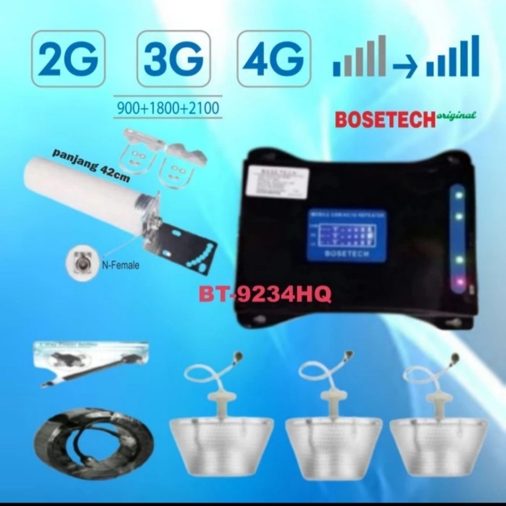 BOSETECH BT-9234HQ Repeater GSM 3 Way Penguat Sinyal Hp LTE 4G 3G 2G Signal Booster Antena Omni Tabu