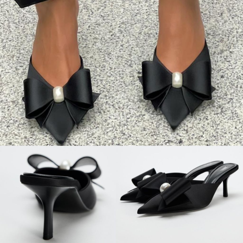 Sepatu ZARA Faux Pearl Bow Heels Shoes