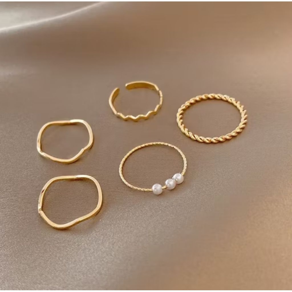 Cincin Wanita Cantik Set 5Pcs Motif Permata korea
