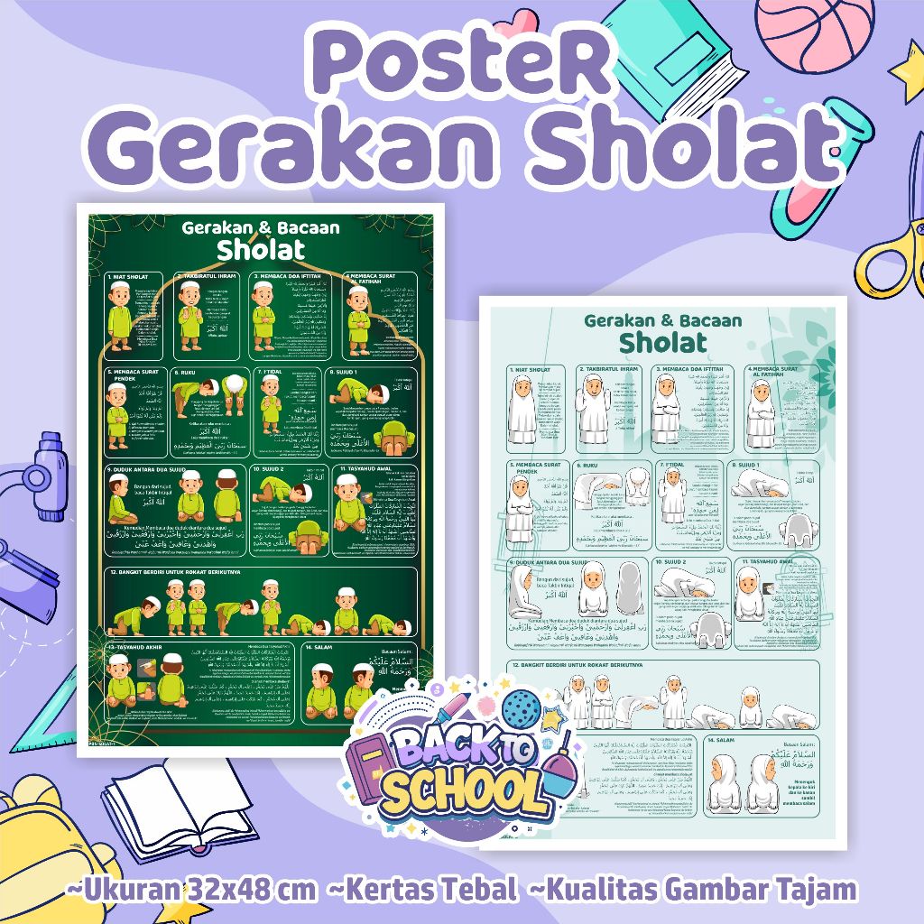 Poster Edukasi Islami Gerakan Sholat - Poster belajar Gerakan dan Bacaan Shalat solat