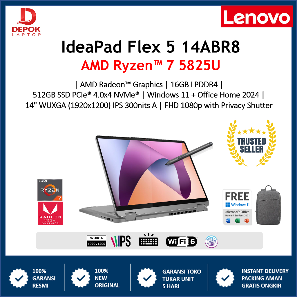 LAPTOP Lenovo Ideapad Flex 5 14 TOUCH RYZEN 7 5825 16GB 512GB Windows 11 +OHS 14.0" WUXGA IPS