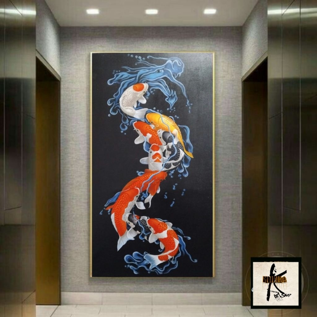 Hiasan Dinding Lukisan 9ikan koi Fengshui Shio Naga air modern art painting.