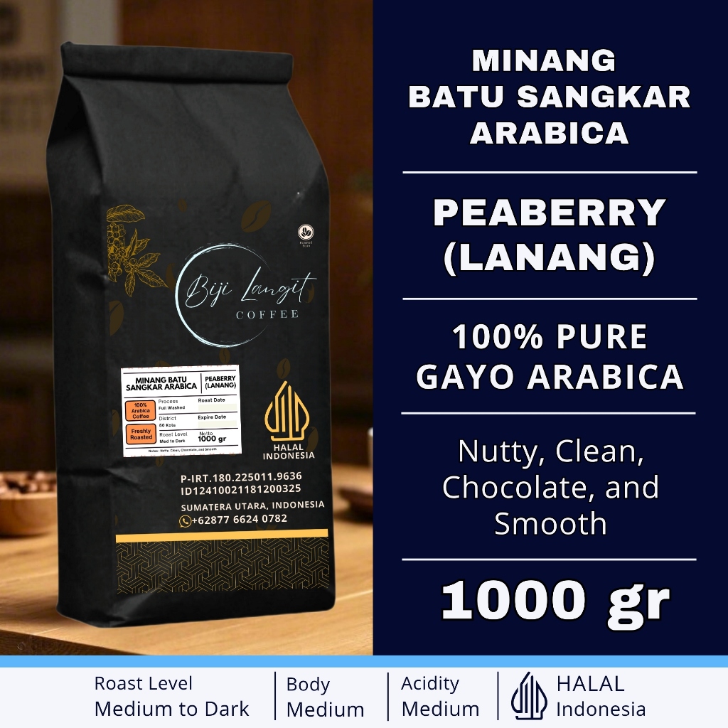 

1000-gram-Biji-Kopi-Minang-50 Kota-Arabica-Peaberry-Lanang-100%-Pure-Arabica-Coffee-Bean