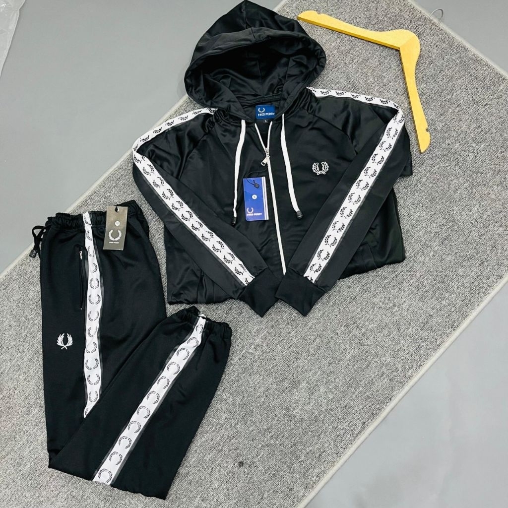 HOODIE ZIPPER FF HITAM TAPED PUTIH TRACKPANTS ONE SET