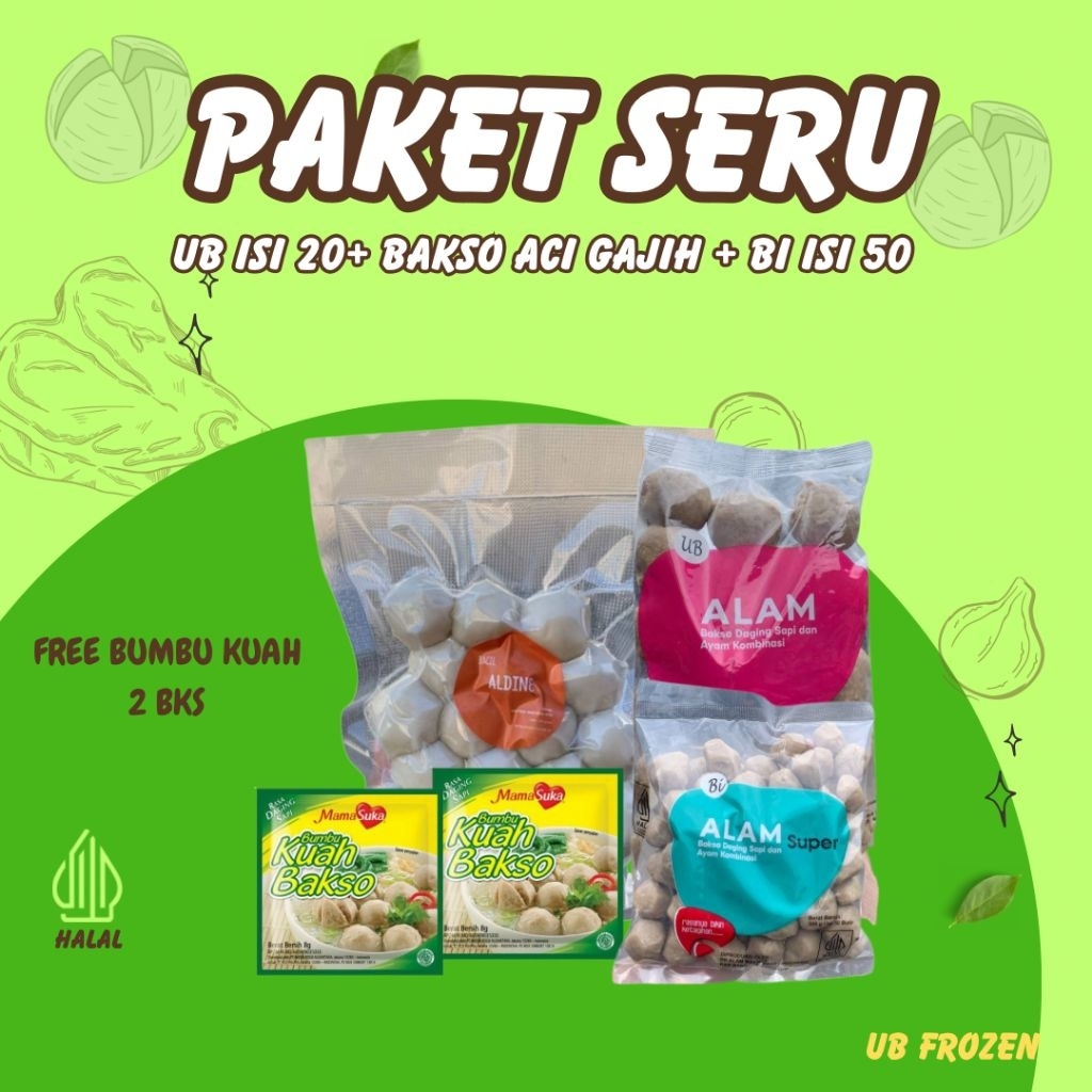 

Paket SERU baso alam super kode ub20+bi50+basoacigajih+kuah 2bks
