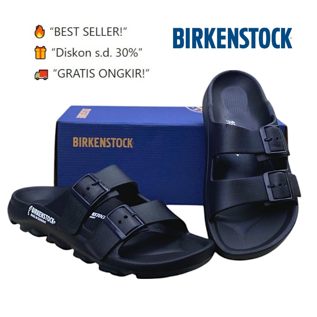Birkenstock Sandal Hitam Tali 2 Karet EVA Sandal Pria Dual Strap Ban 2 Model Terlaris Nyaman Dipakai