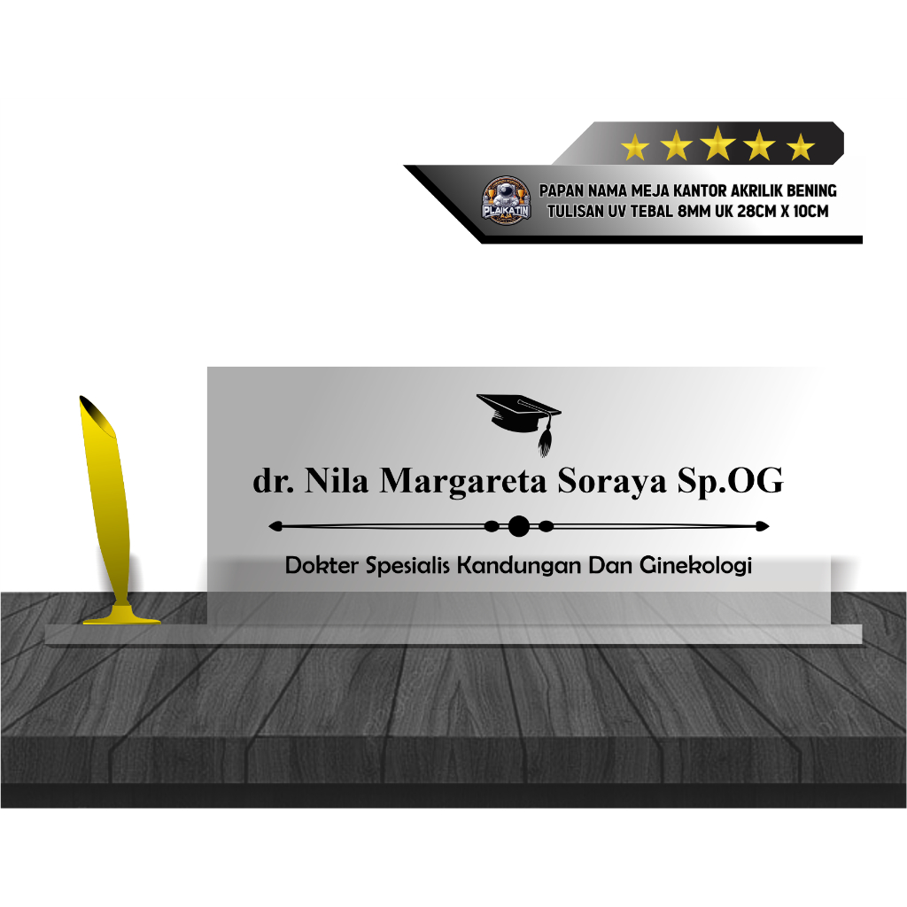 

Papan Nama Meja Kantor Akrilik Bening Tulisan UV Tebal 8mm UK 28CM X 10CM