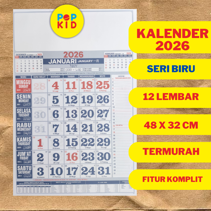 

PROMO KALENDER NASIONAL 2026 / 32 X 48 CM / KALENDER STANDAR / KALENDER JAWA 2026 / KALENDER DINDING 2024