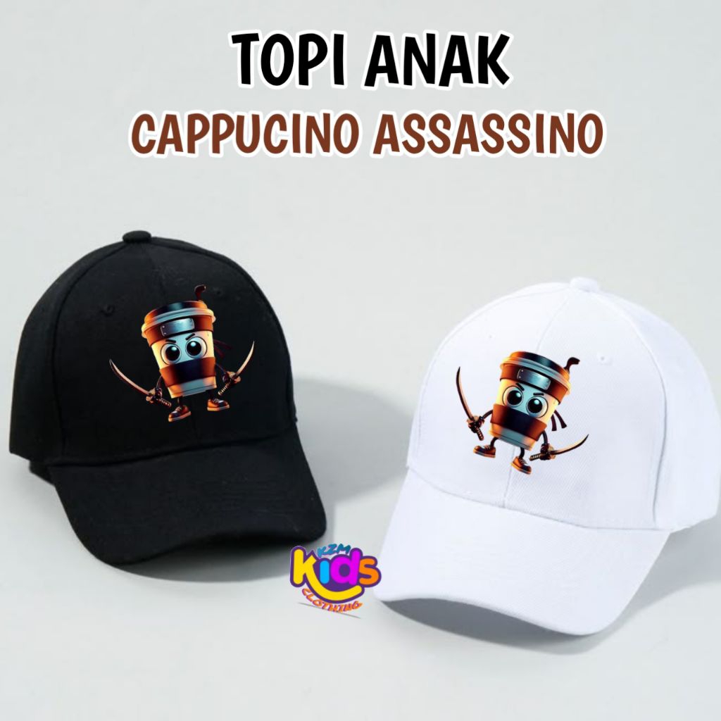 TOPI BASEBALL ANAK LAKI LAKI ANOMALI CAPPUCINO ASSASSINO WARNA HITAM DAN PUTIH - FASHION ANAK COWOK 